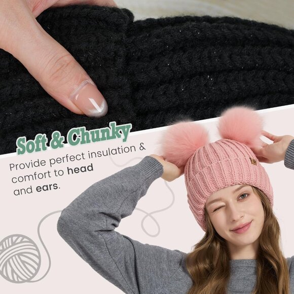 Double Pom Pom Beanie for Women Girls Warm Fleece Lined Knit Black Winter Hat - Picture 5 of 8